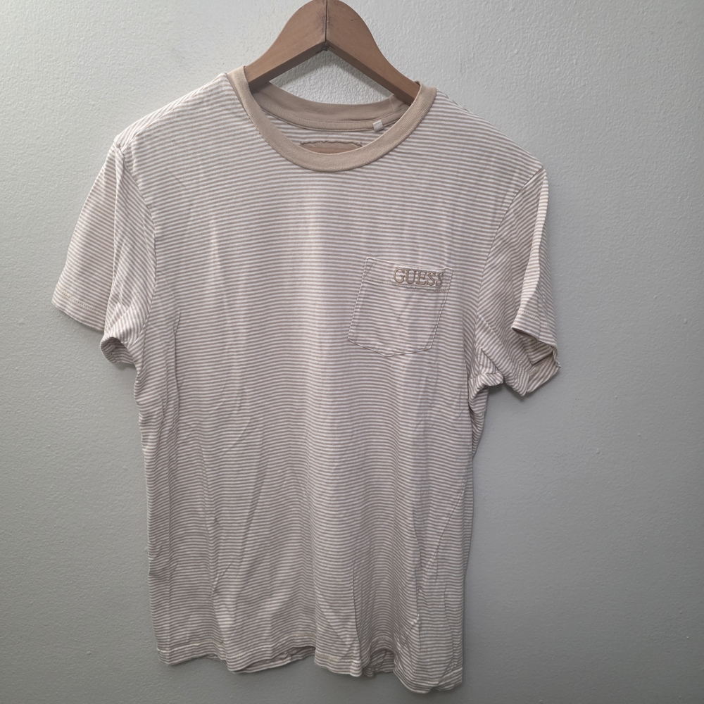 GUESS Womens Vintage Striped Tan T-Shirt Medium Retro